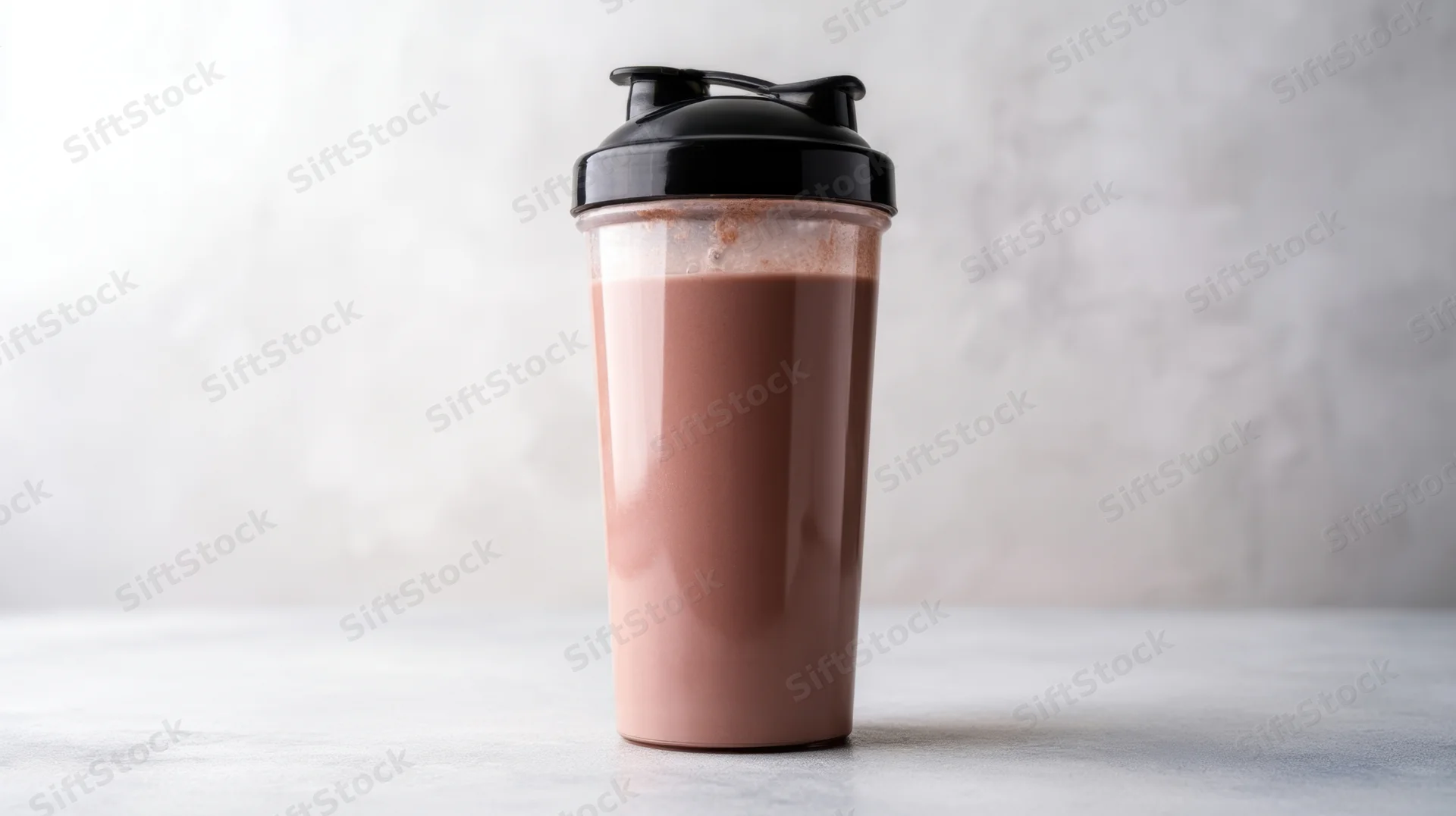 Protein shake in a transparent shaker bottle on a light surface