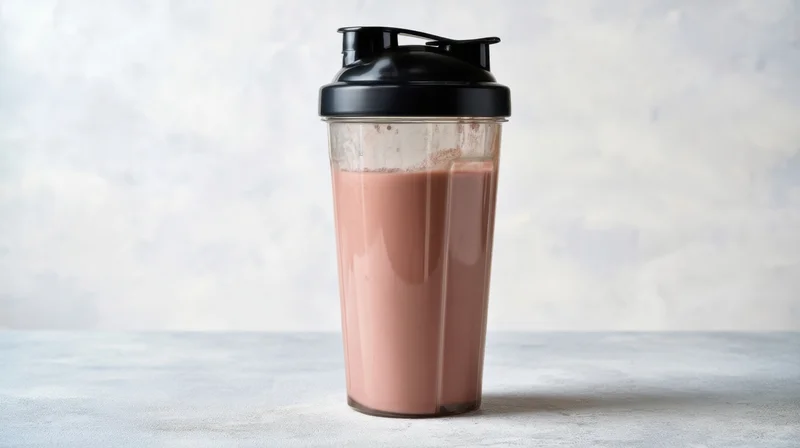 Protein shake in a transparent shaker bottle on a light surface