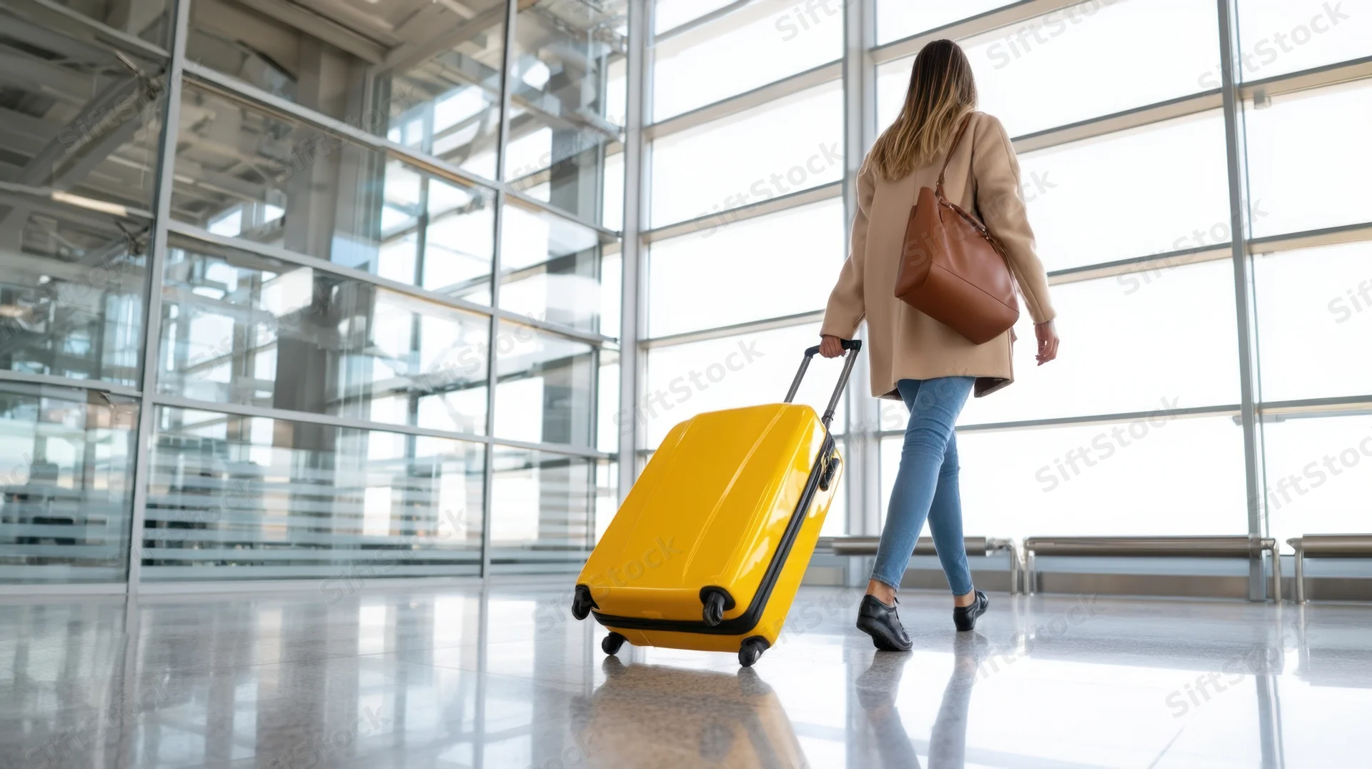 Woman walking with yellow suitcase in airport terminal