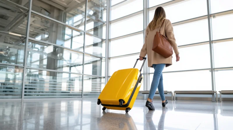 Woman walking with yellow suitcase in airport terminal