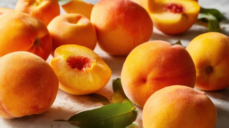 Ripe peaches whole and halved with green leaves on a cloth surface
