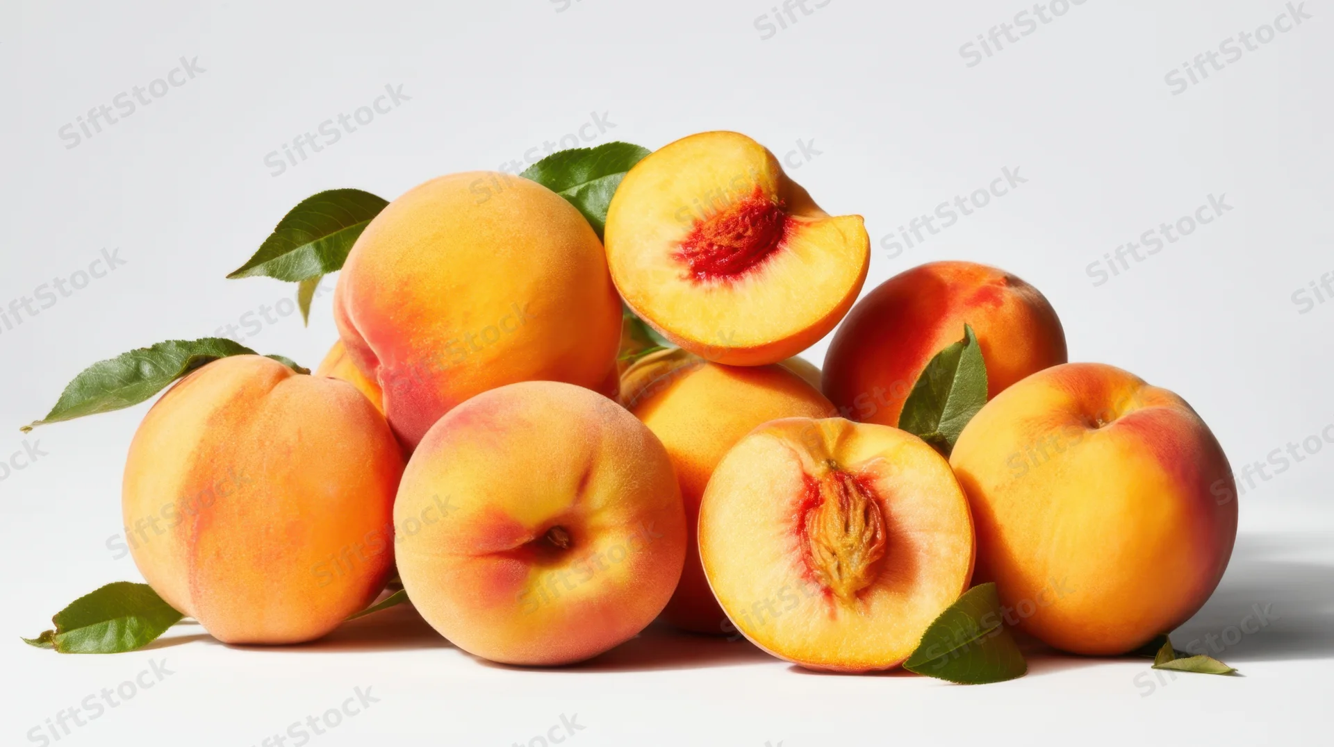 Pile of whole and sliced peaches with green leaves on white background