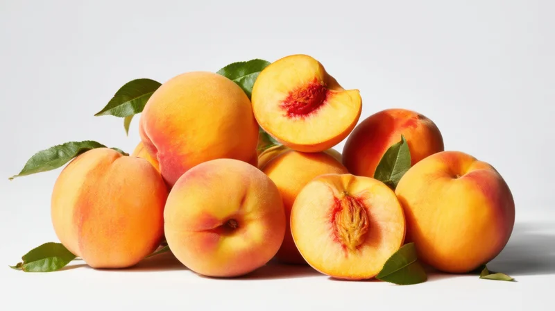 Pile of whole and sliced peaches with green leaves on white background