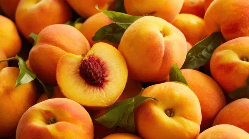 Ripe peaches with one halved to show the pit and flesh, surrounded by green leaves in a close-up view