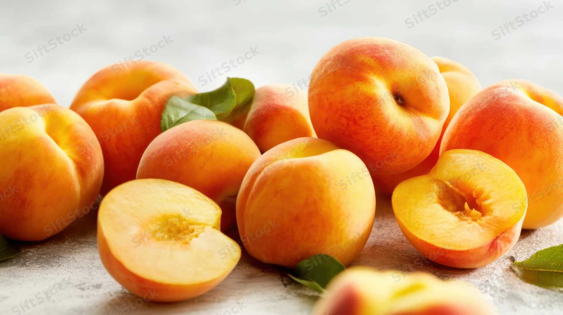 Ripe peaches whole and halved with leaves on a light countertop