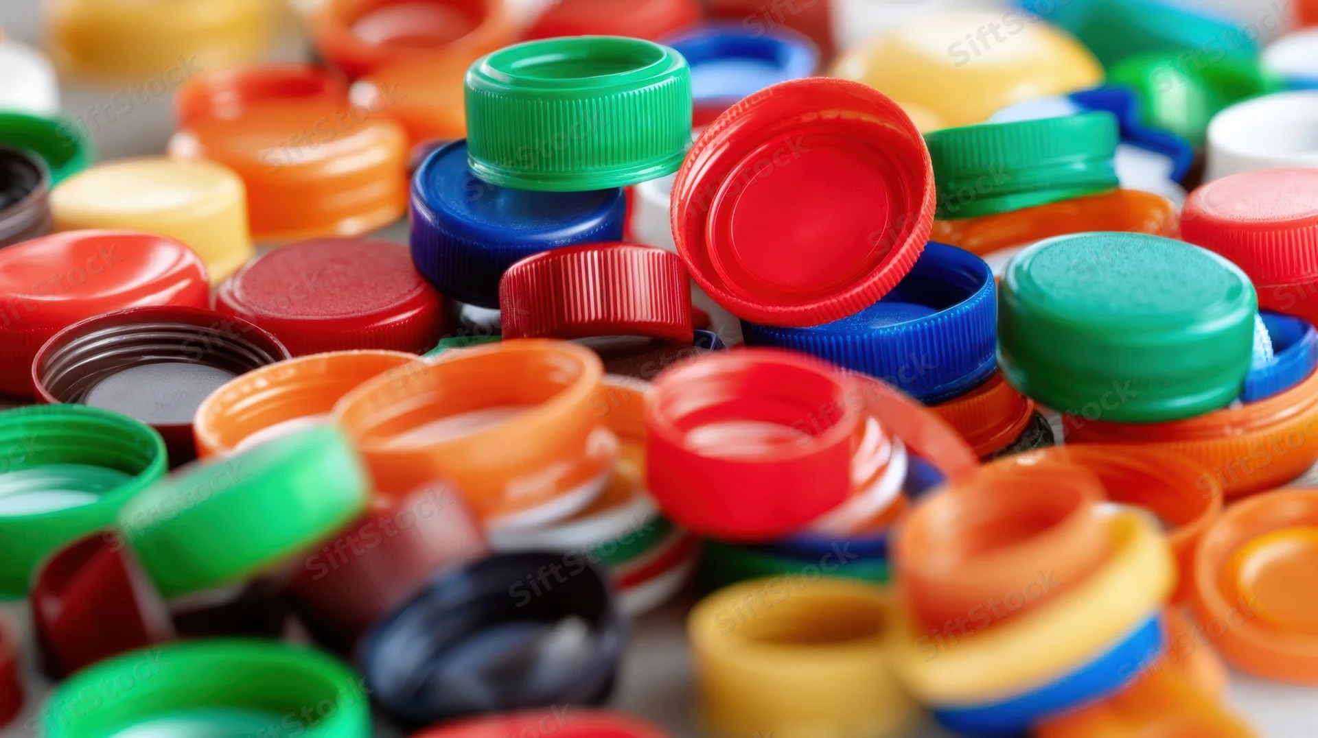 Colorful plastic bottle caps scattered in a pile, showing various colors and sizes