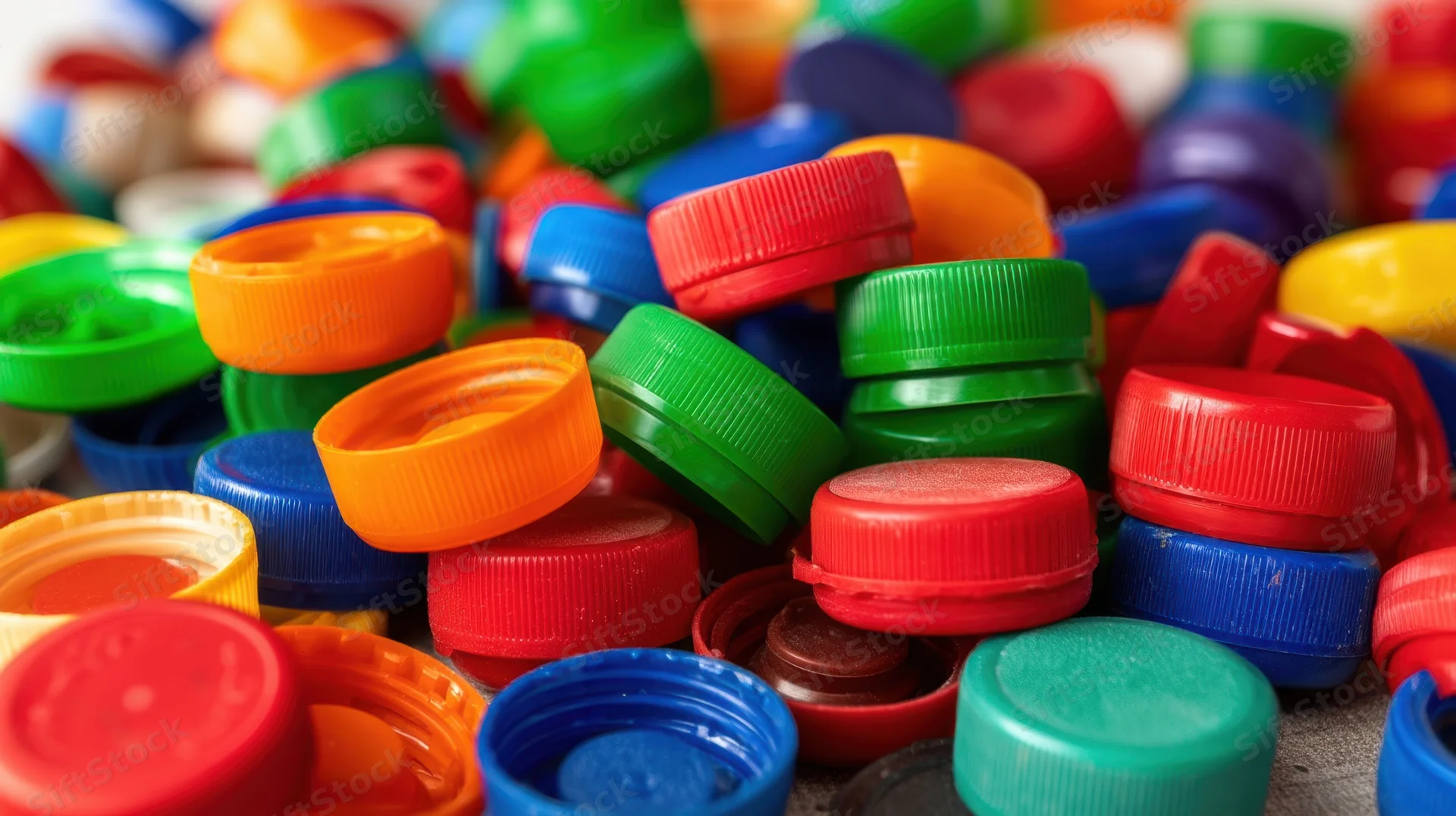 Colorful plastic bottle caps piled together on a surface