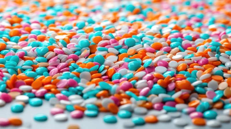 Colorful candy pieces scattered across a white surface in closeup view