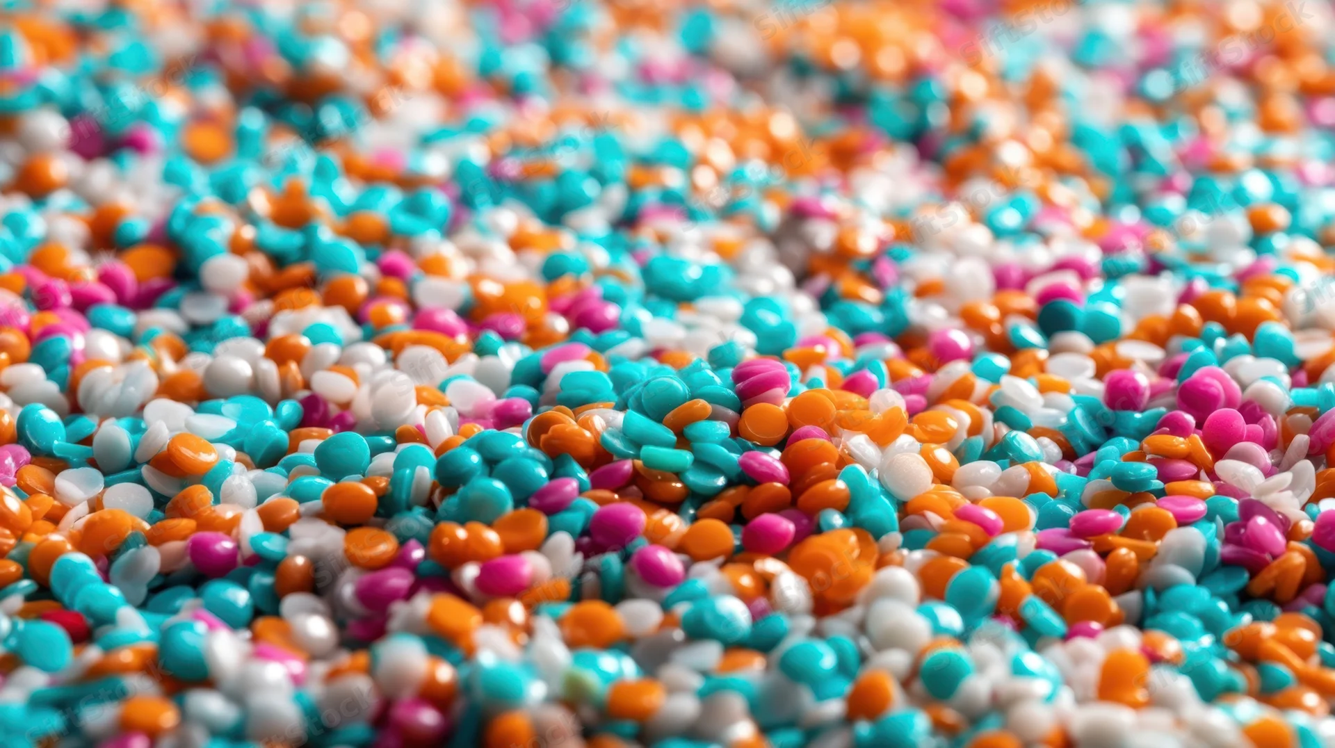 Closeup of colorful plastic resin pellets scattered in a pile
