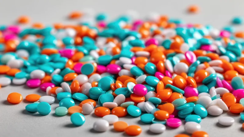 Colorful candy pieces scattered on a light surface with copyspace on the side