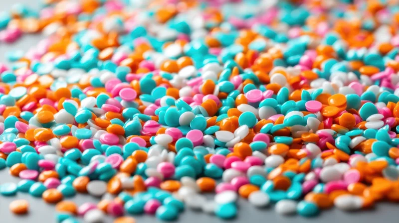 Colorful plastic pellets scattered on a gray surface in closeup view