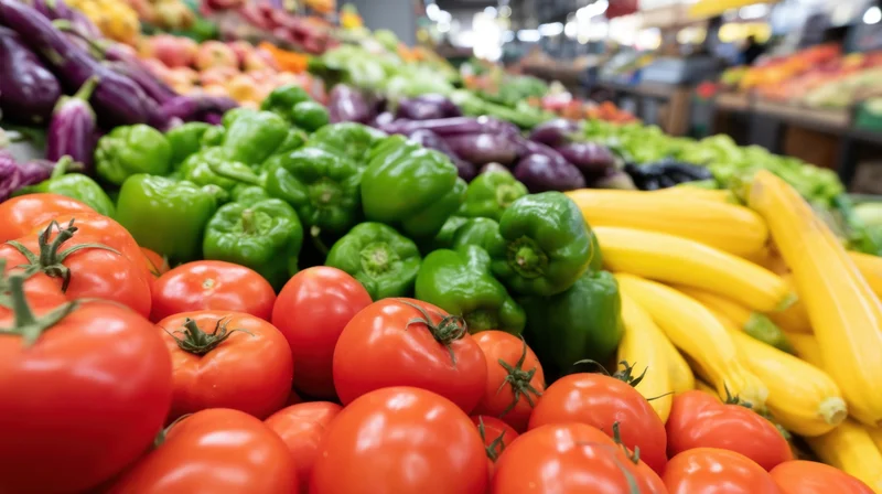 Vibrant display of fresh vegetables arranged in rows at a grocery store produce section