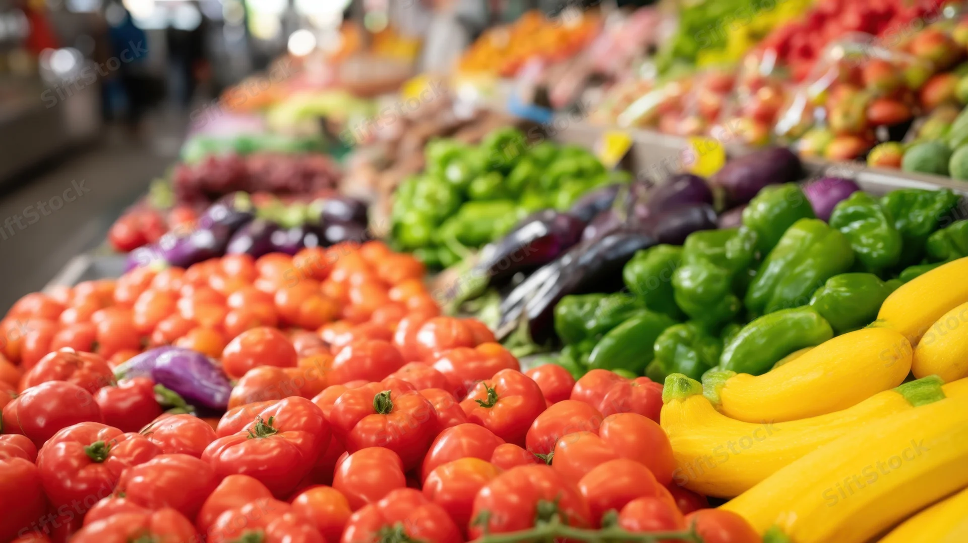 Vibrant display of fresh vegetables arranged in rows at a market stall
