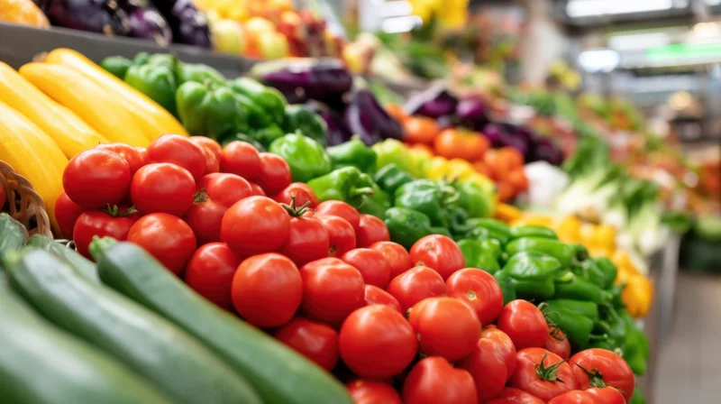Vibrant display of fresh vegetables arranged in rows at a grocery store produce section