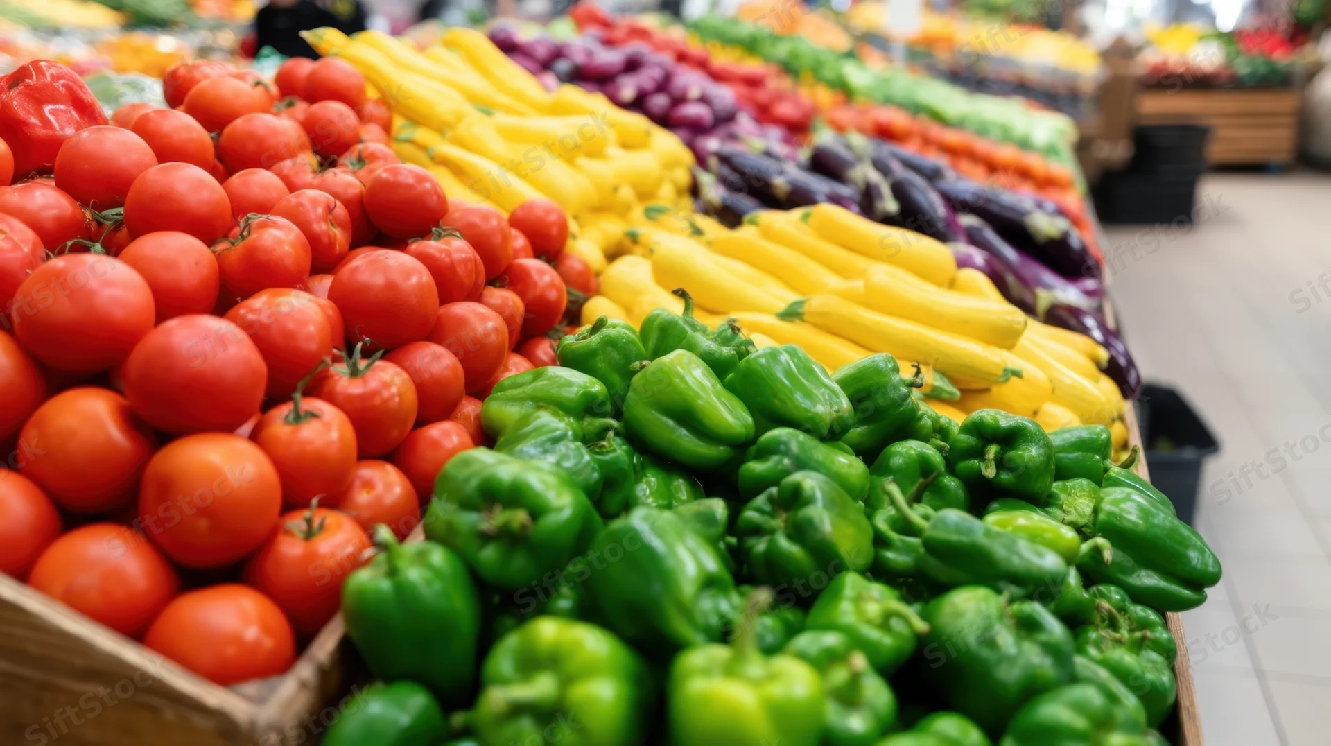Colorful vegetables arranged in rows at a supermarket produce section