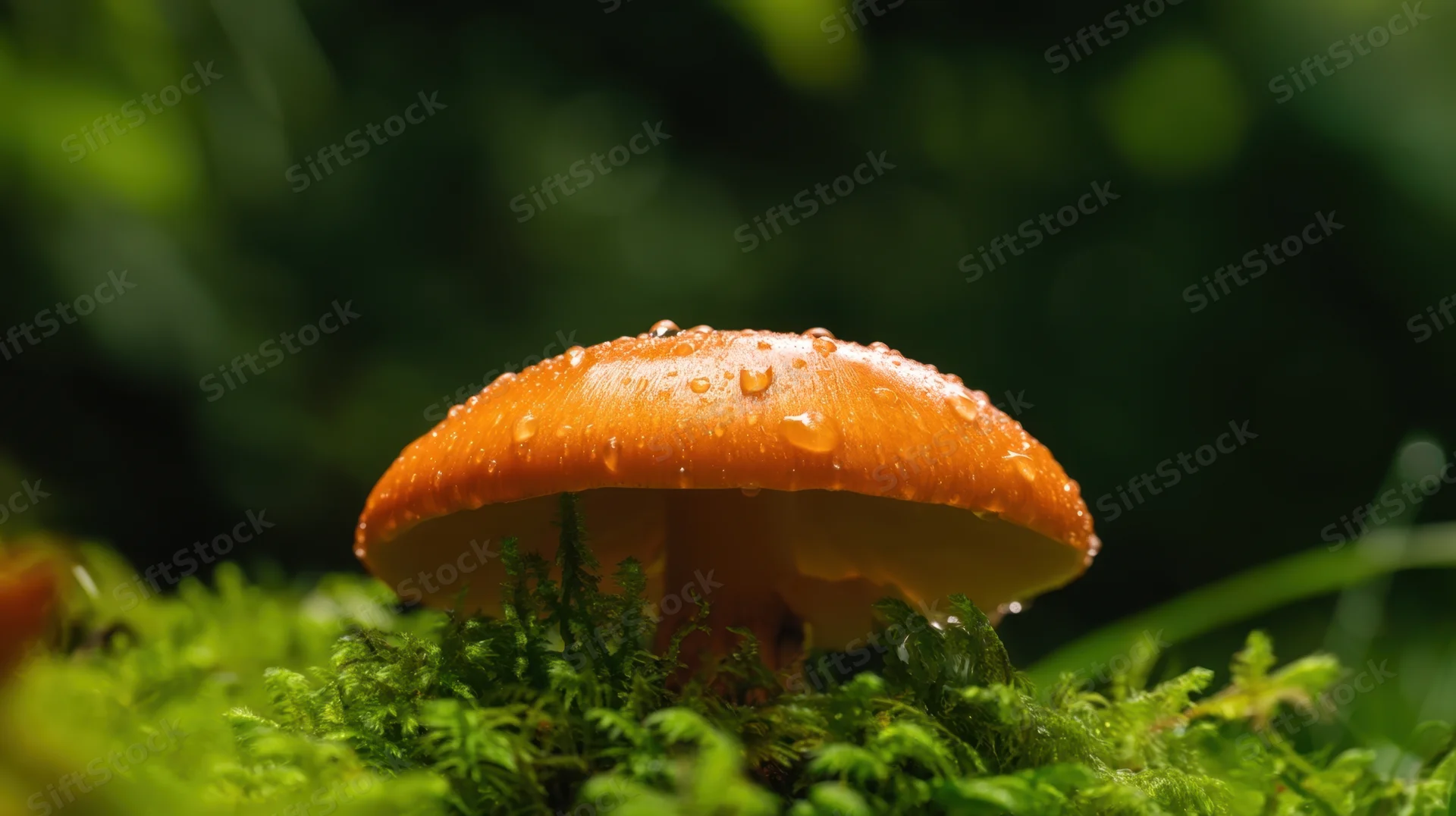 Orange mushroom with dew drops growing on green moss in a forest setting