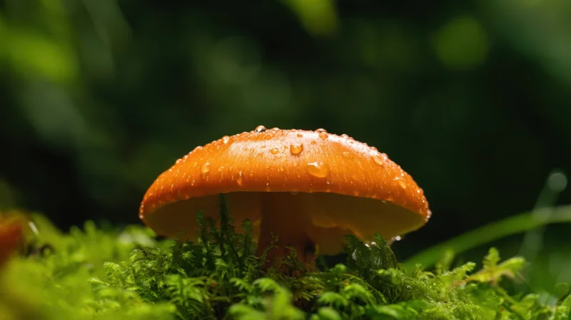 Orange mushroom with dew drops growing on green moss in a forest setting