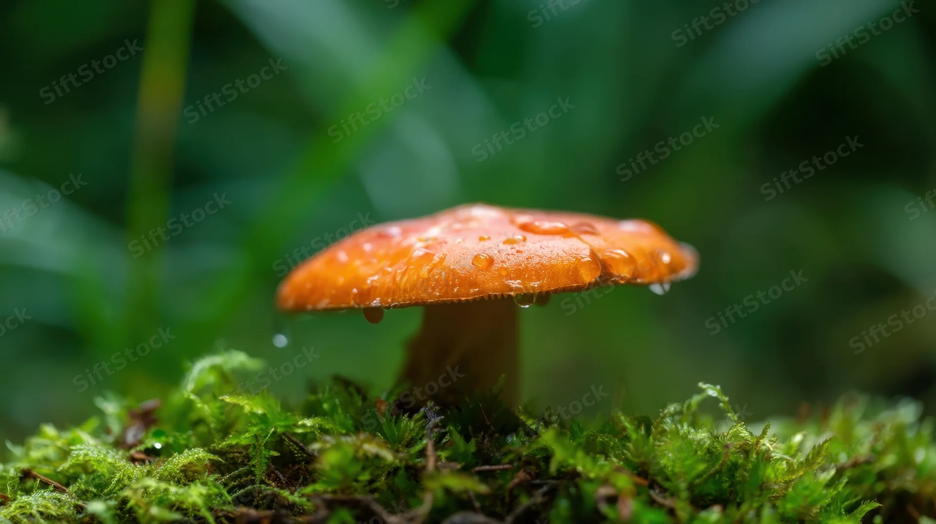 Orange mushroom with water droplets growing on green moss in a forest setting