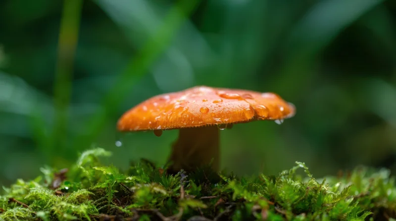 Orange mushroom with water droplets growing on green moss in a forest setting