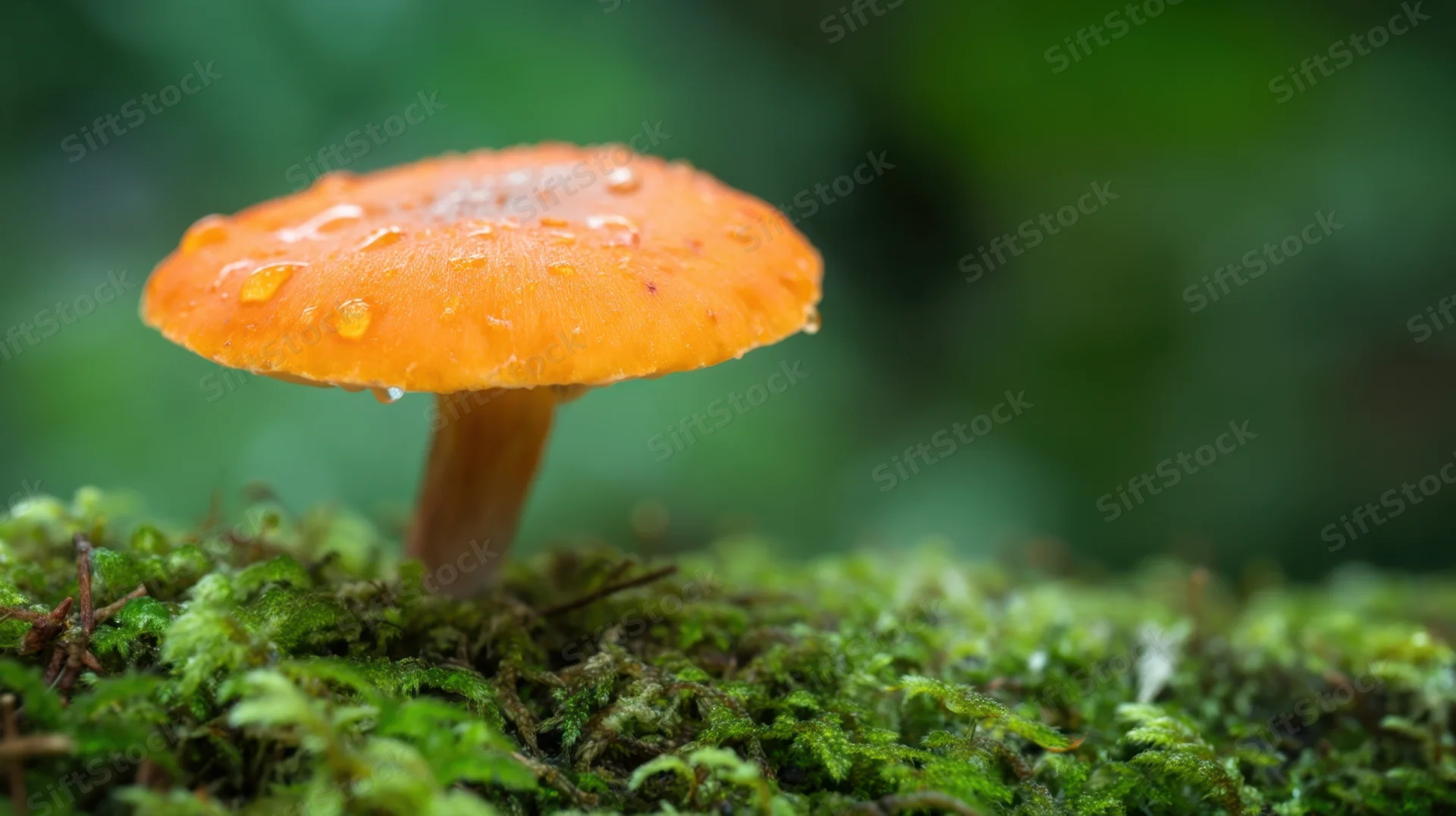 Orange mushroom with water droplets growing on green moss in forest