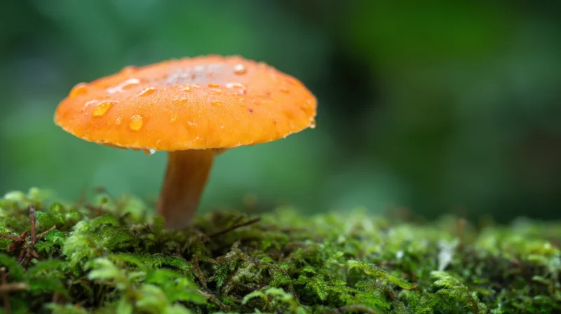 Orange mushroom with water droplets growing on green moss in forest
