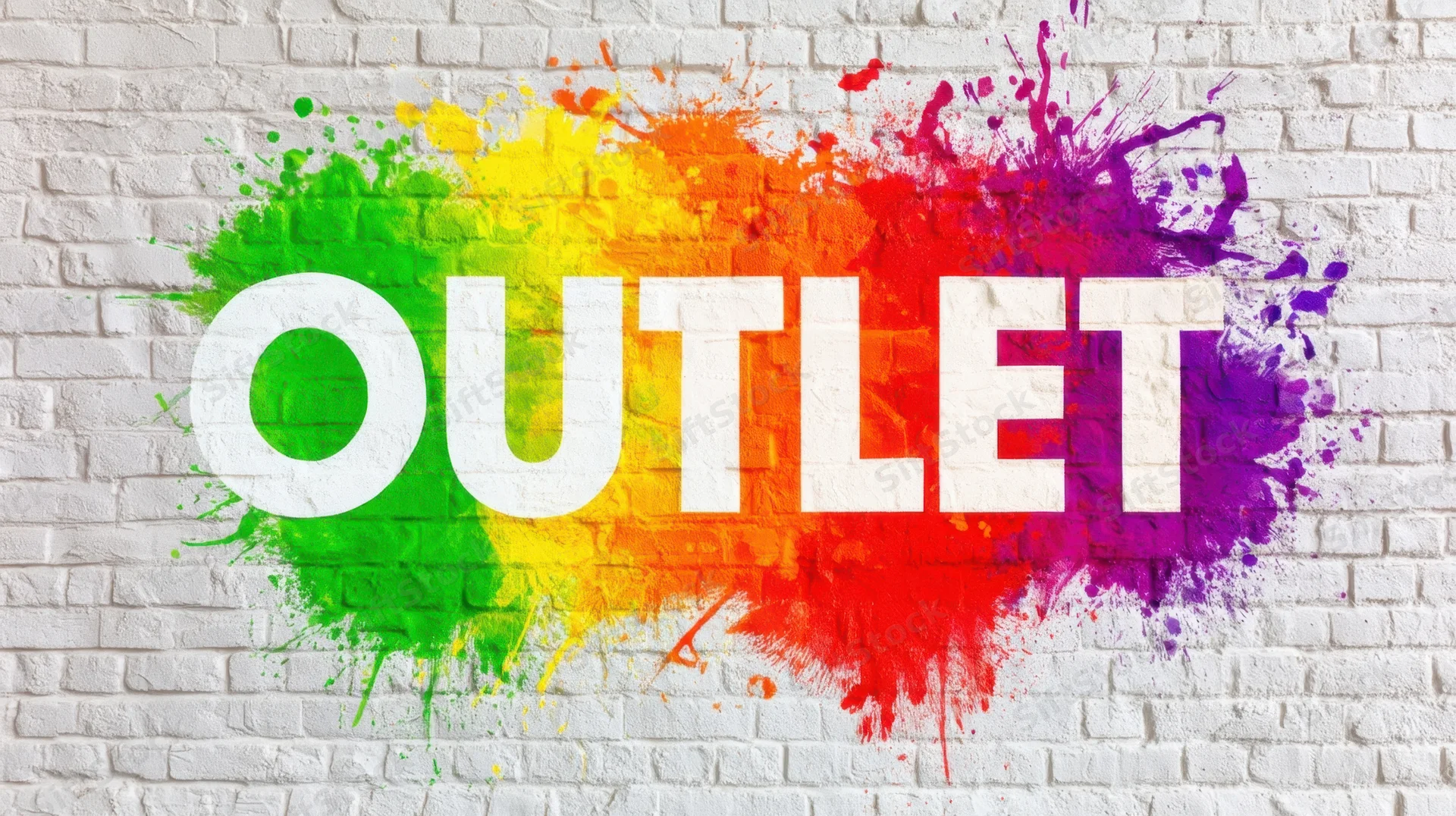 Rainbow paint splash with outlet text on white brick wall