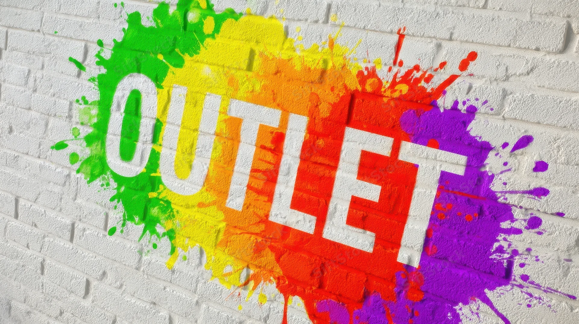 Rainbow paint splashes form the word outlet on a white brick wall