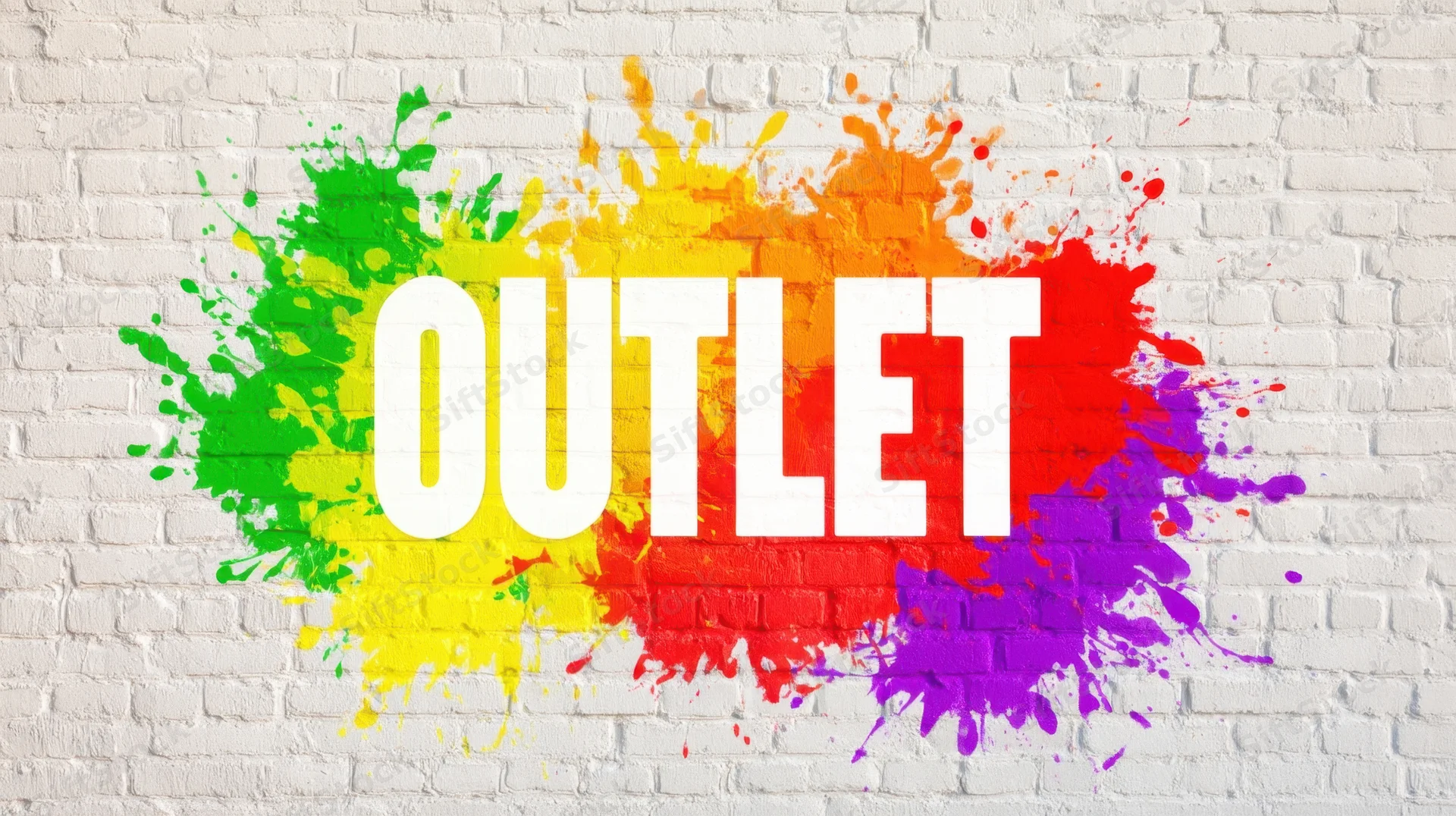 Rainbow paint splashes on white brick wall with bold white outlet text