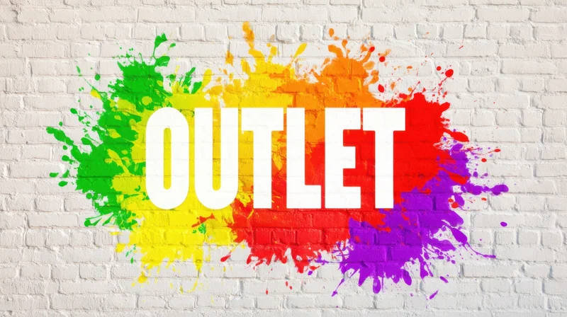Rainbow paint splashes on white brick wall with bold white outlet text