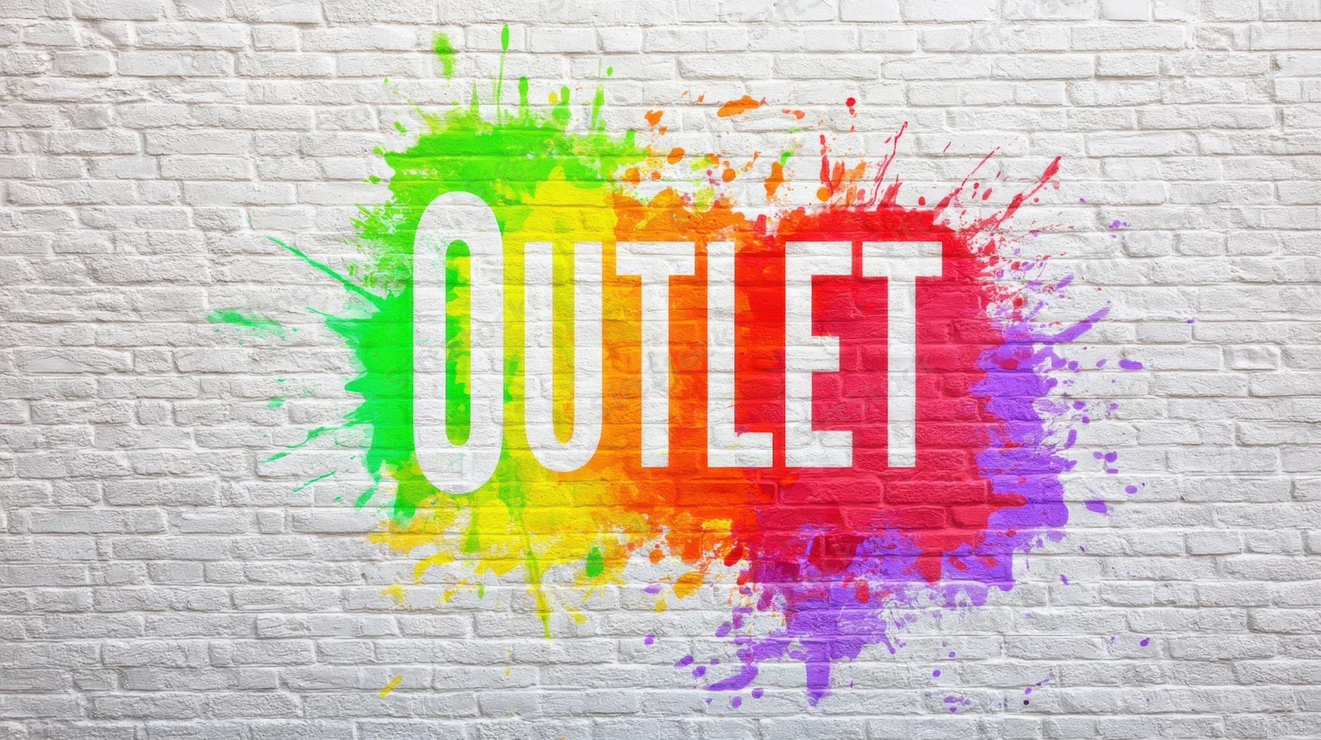 Rainbow paint splash with outlet text on white brick wall