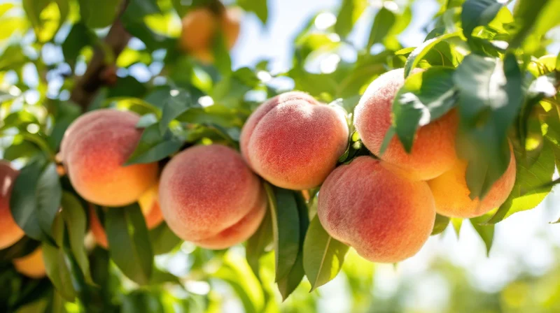 Ripe peaches hanging on a tree branch in a sunlit orchard
