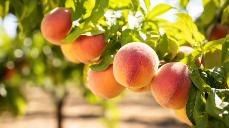 Ripe peaches hanging on a tree branch in an orchard under sunlight