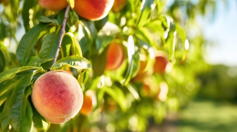Ripe peaches hanging on a tree branch in an orchard during summer sunlight