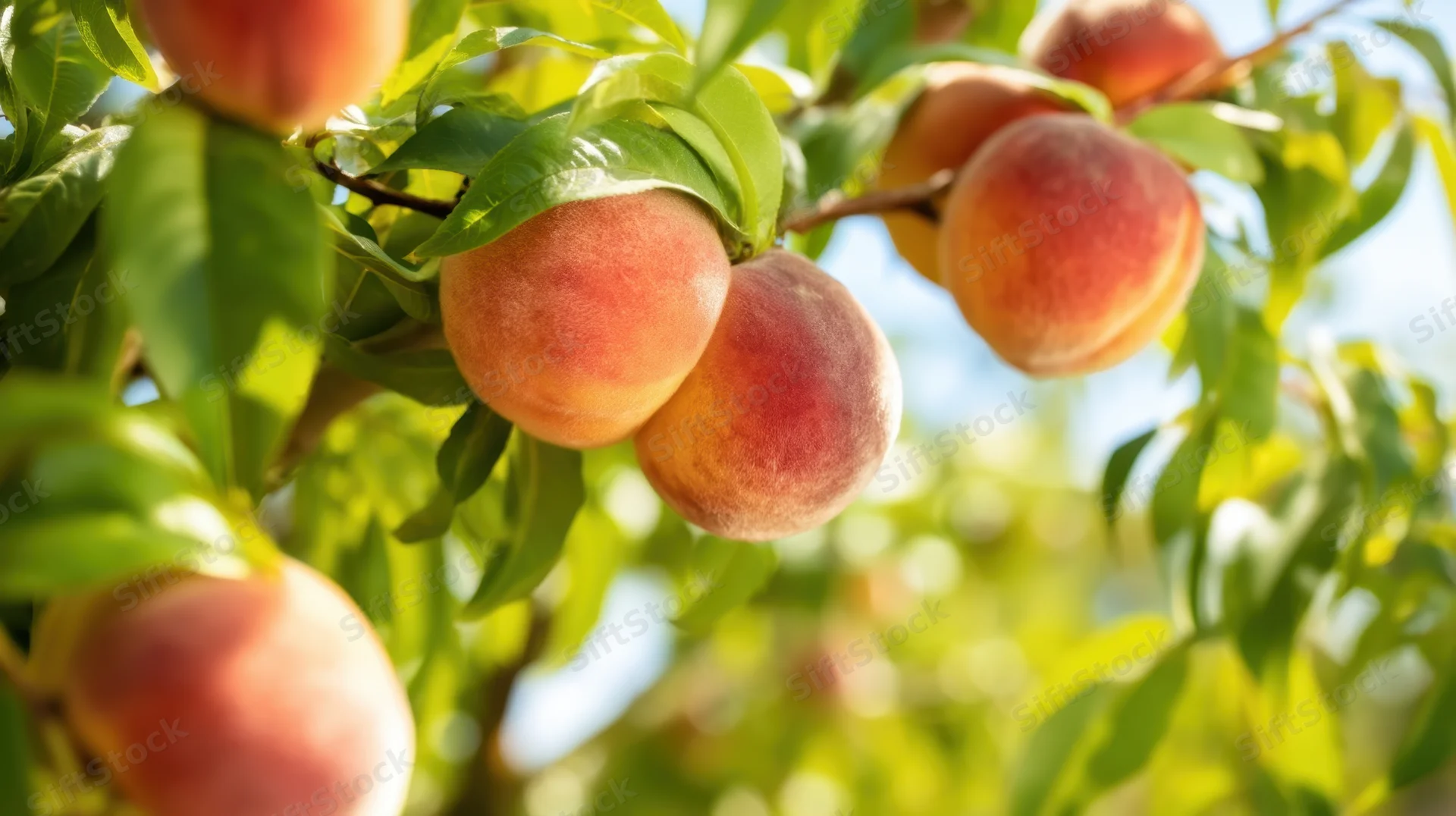 Ripe peaches hanging on a tree branch in a sunlit orchard