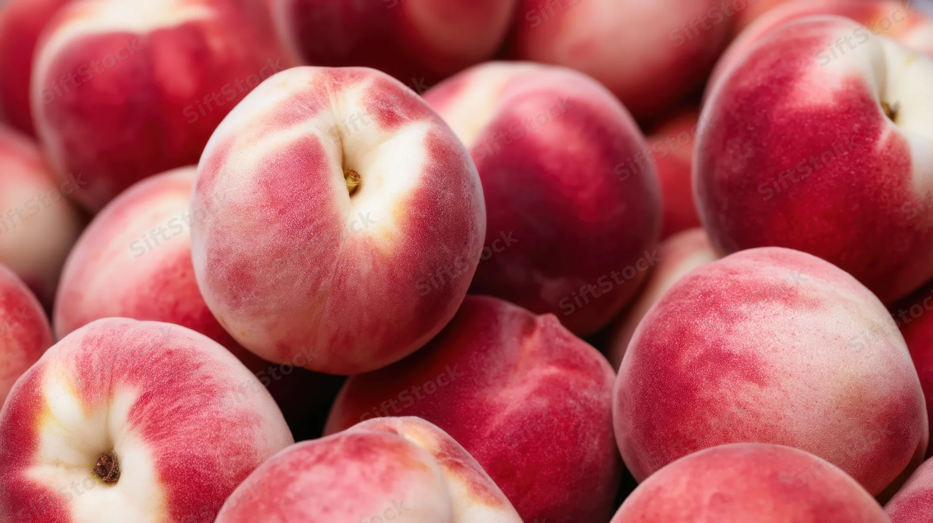 Closeup of ripe peaches piled together showing fuzzy red and white skin