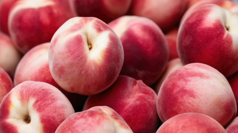 Closeup of ripe peaches piled together showing fuzzy red and white skin