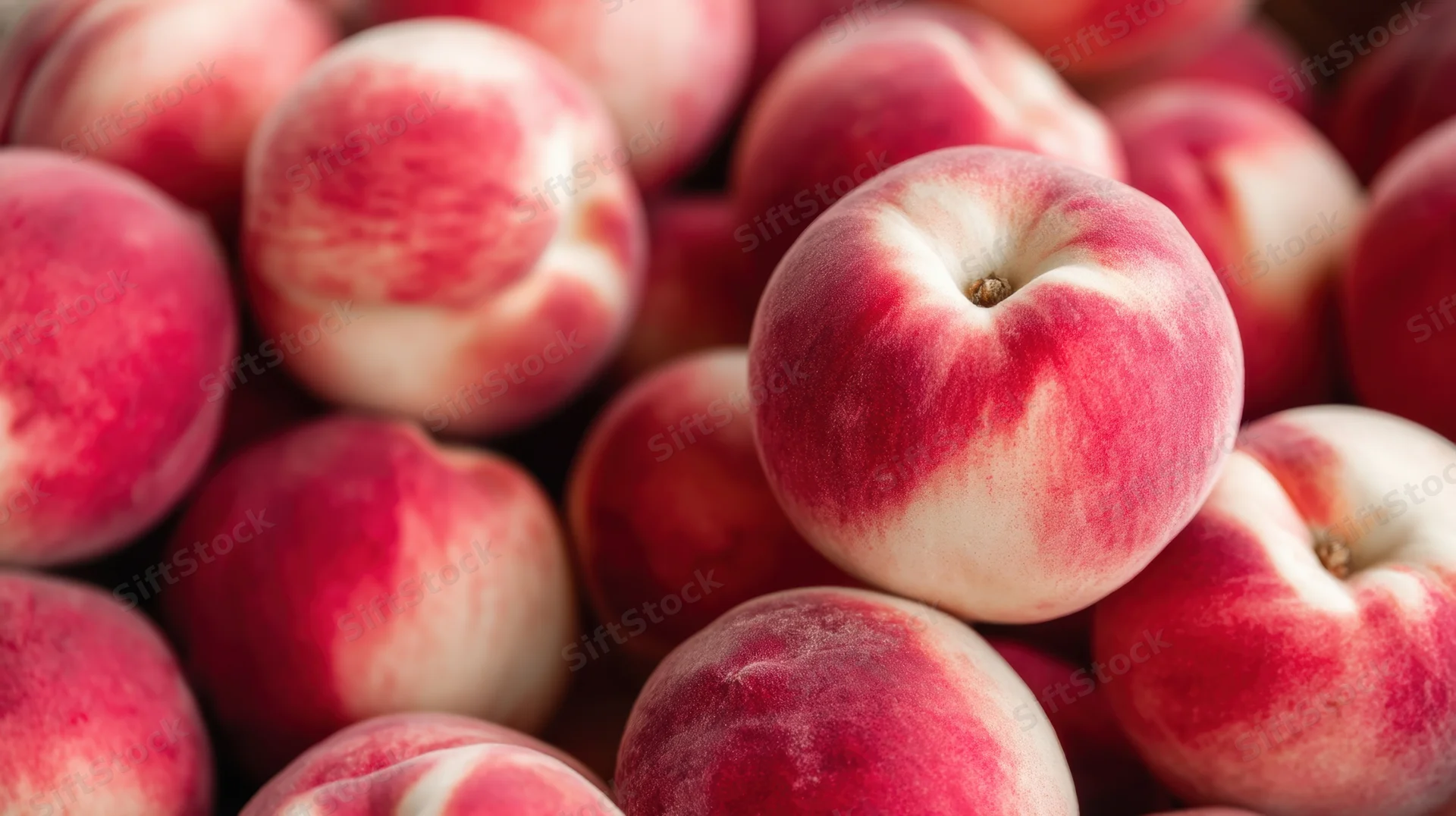 Closeup of ripe peaches piled together showing red and white fuzzy skin