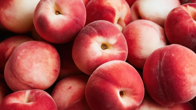 Closeup of ripe peaches piled together showing fuzzy red and white skin