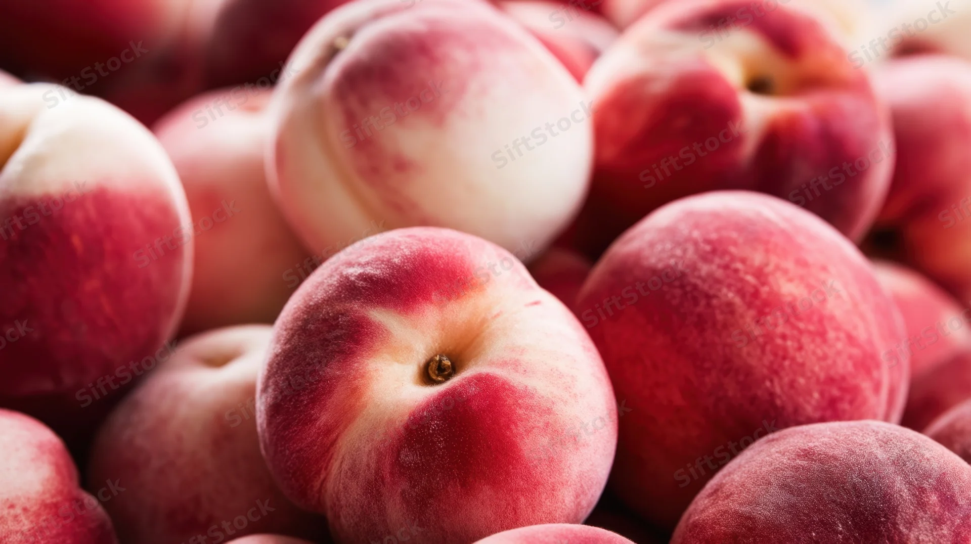 Closeup of ripe peaches piled together showing fuzzy red and white skin