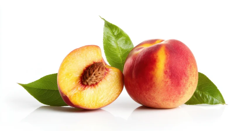 Whole and sliced peach with green leaves on white background