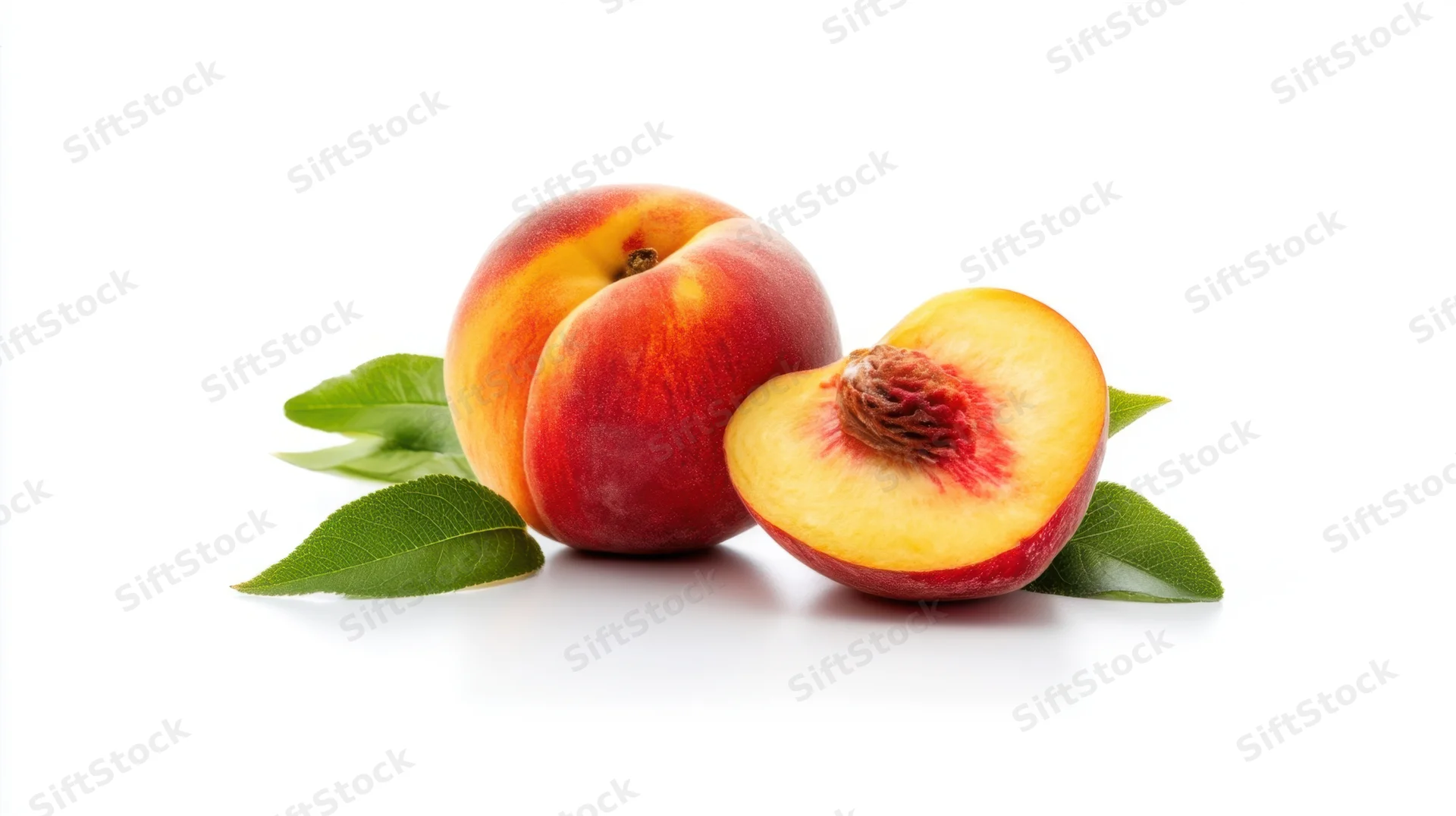 Whole and sliced peach with green leaves on white background