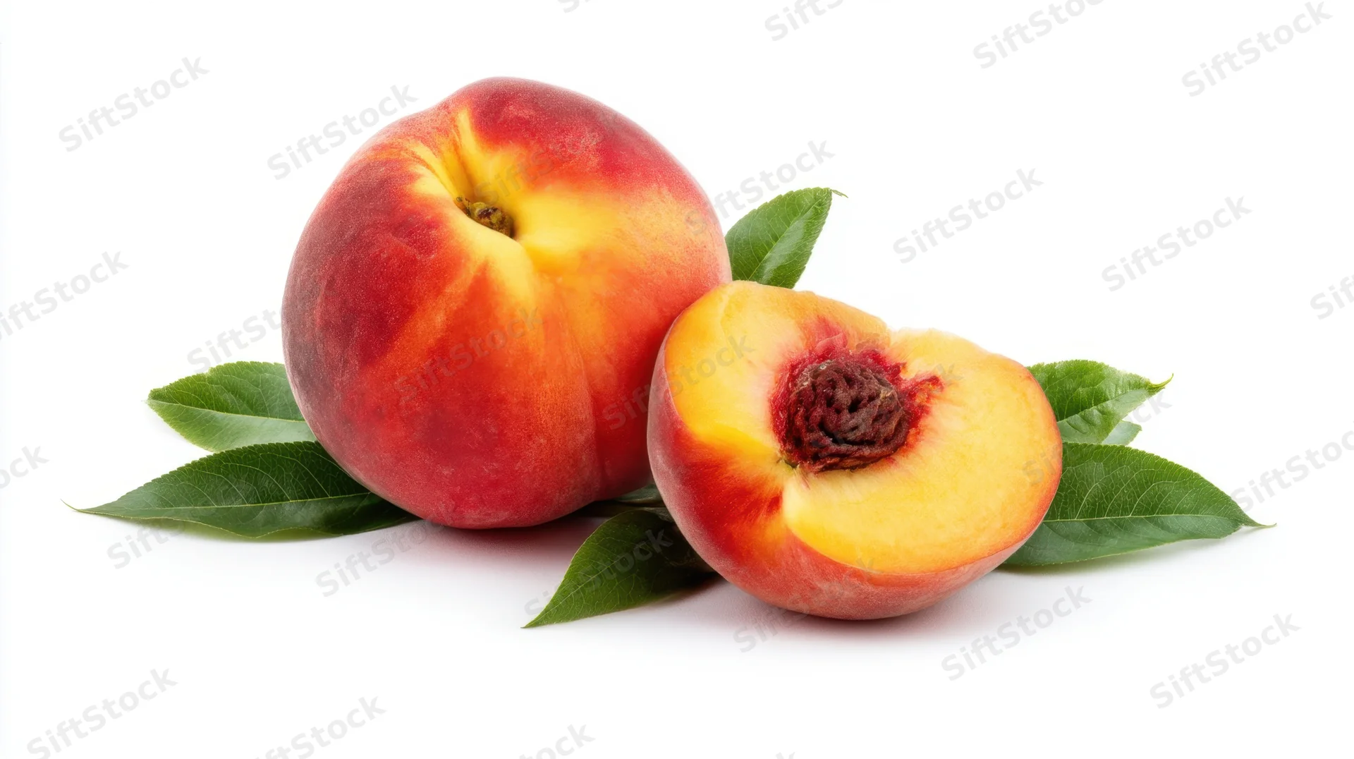 Whole and sliced peach with green leaves on white background