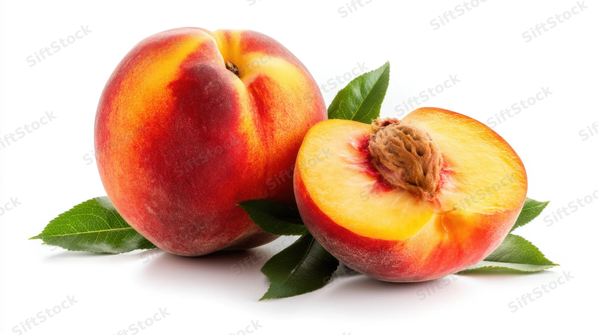 Whole and halved peach with green leaves on white background