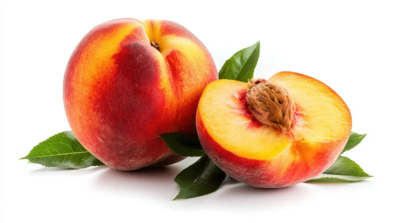 Whole and halved peach with green leaves on white background