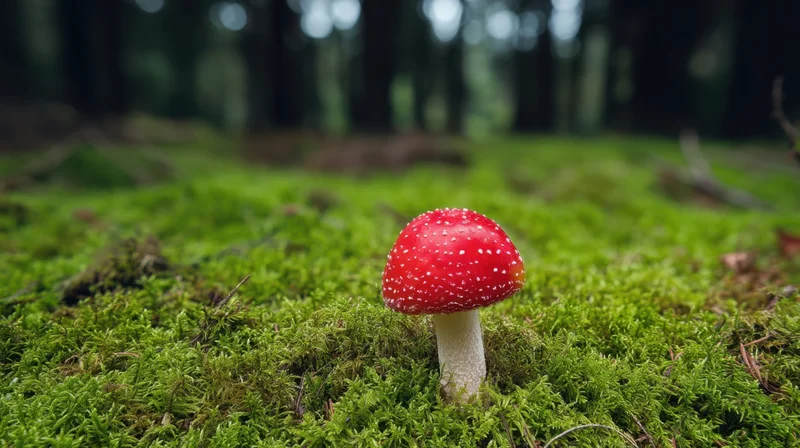 Red and white mushroom growing on green moss in a forest clearing