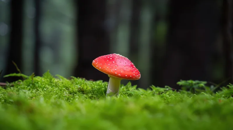 Red mushroom with white spots growing on green moss in a forest