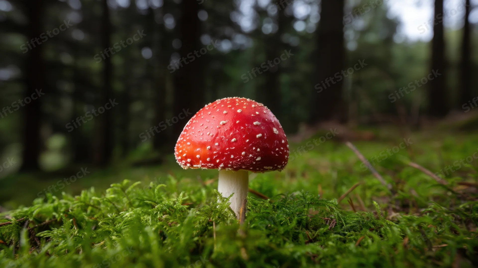 Red and white mushroom growing on green moss in a forest clearing