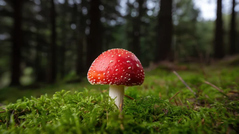 Red and white mushroom growing on green moss in a forest clearing