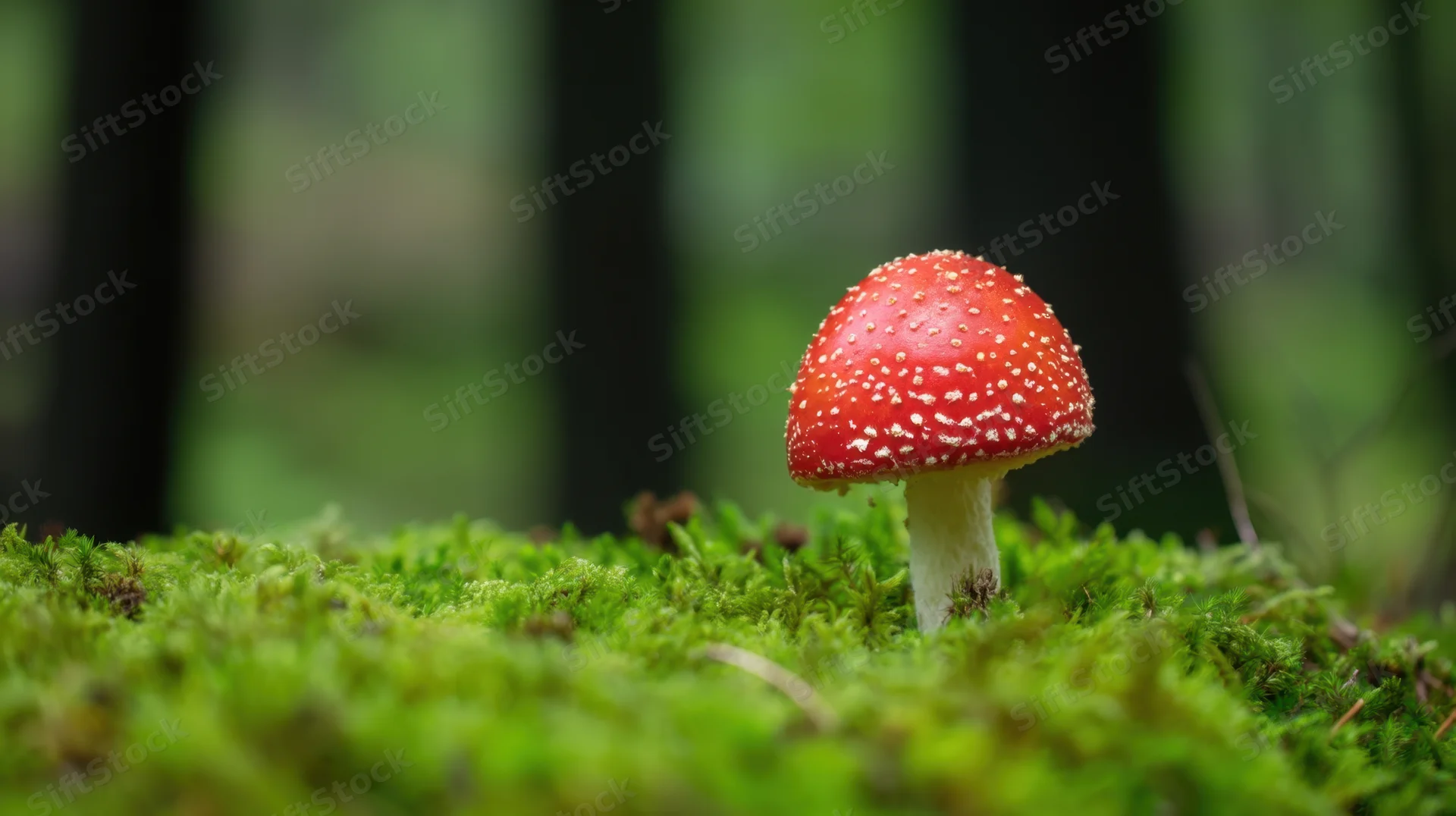 Red spotted mushroom growing on green moss in a forest setting