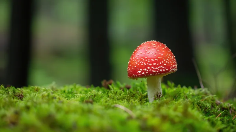 Red spotted mushroom growing on green moss in a forest setting